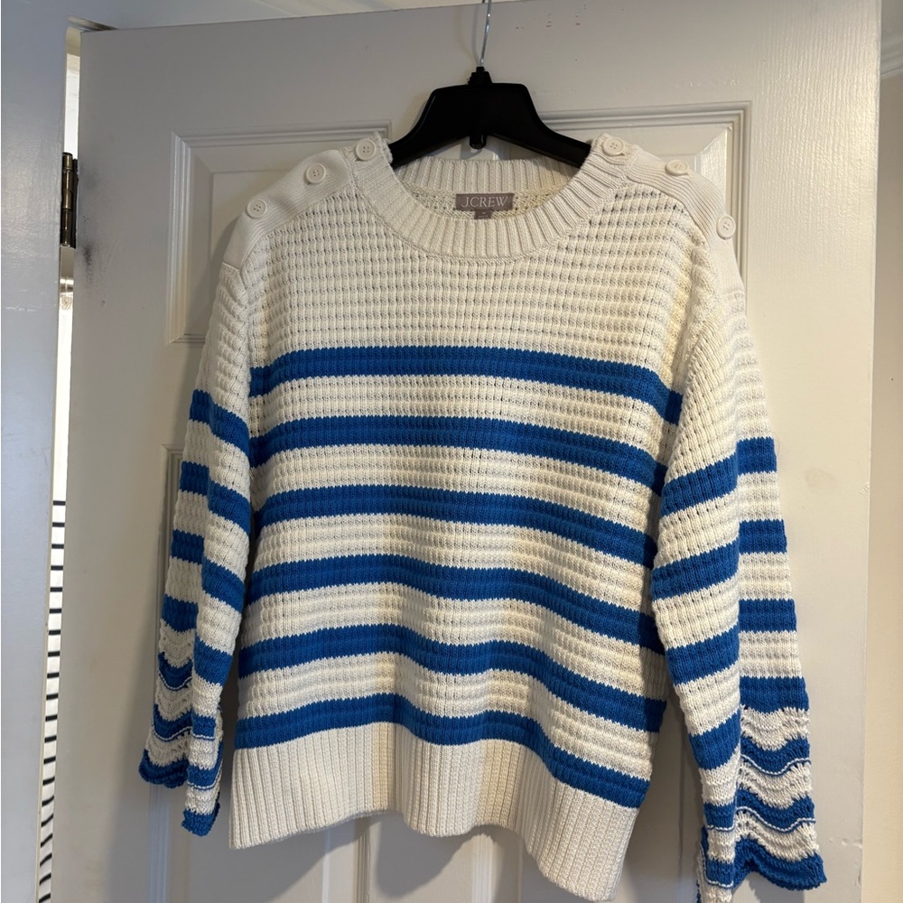 J. Crew Cream & Blue Striped Button-Shoulder Sweater